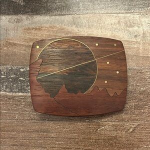 Wooden Inlay Belt Buckle with Mountain & Moon Design Dark Brown 2” men’s women’s